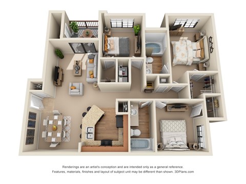 Floor plan for 3 beds, 2 baths, 1220 sqft